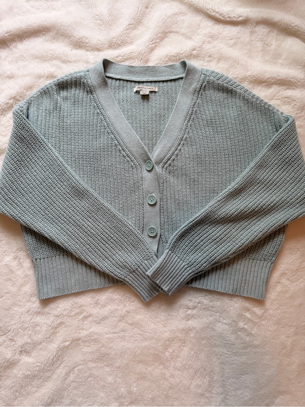 American Eagle Cropped V-Neck Button Cardigan - Light Sage